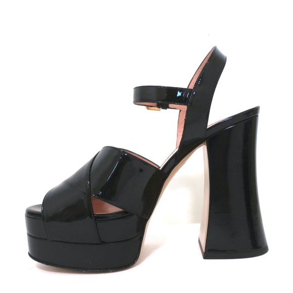 MOSCHINO PLATFORM FLARE-HEEL SANDALS BLACK PATENT LEATHER SIZE 38.5 - Picture 7 of 11